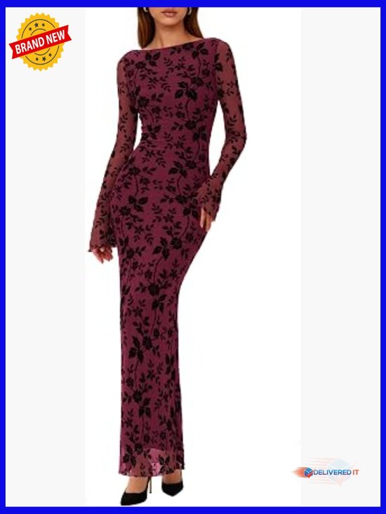 Dresses & Skirts - Floral Bodycon Maxi Dress Long Sleeve Boat Neck Stretch Formal